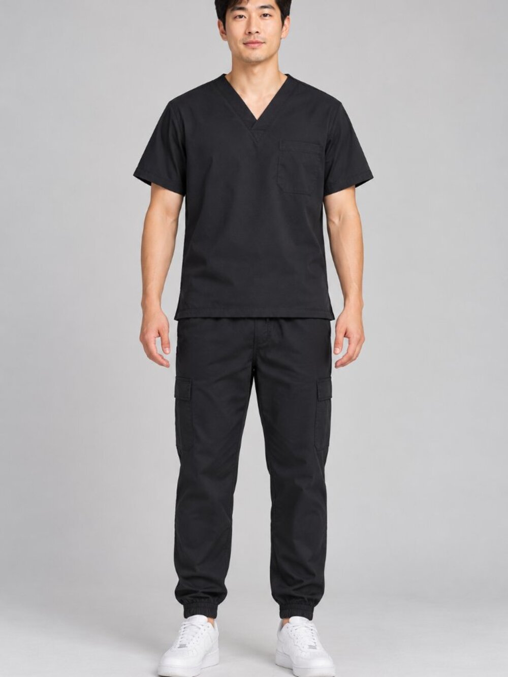 Butter-Soft Black Scrub Set M V-Neck Top Cargo Jogger Pants